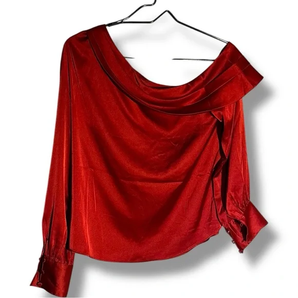 Express NWT Chic Scarlet Asymmetrical Long Sleeve Silky Cowl Neck Women's Blouse - Picture 16 of 16
